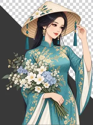 Thiếu nữ mặc cổ phục xanh đội nón lá ôm bó hoa - file PNG