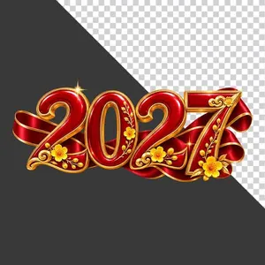 File PNG - Hình ảnh chữ số 2027 đỏ vàng trang trí hoa mai