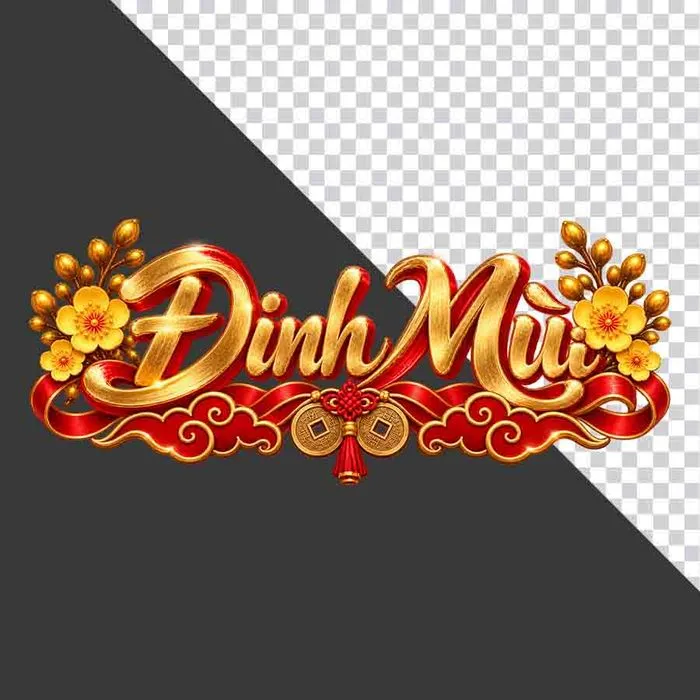 Chữ Đinh Mùi 3D ngang hoa mai vàng lụa đỏ đồng tiền ngày Tết - File PNG