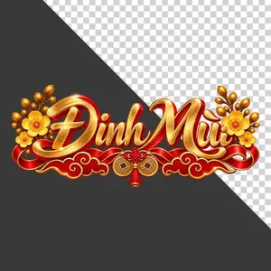 Chữ Đinh Mùi 3D ngang hoa mai vàng lụa đỏ đồng tiền ngày Tết - File PNG