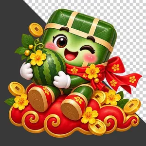 Bánh chưng ôm quả dưa hấu đỏ may mắn trên đài mây tiền vàng ngày Tết - File PNG