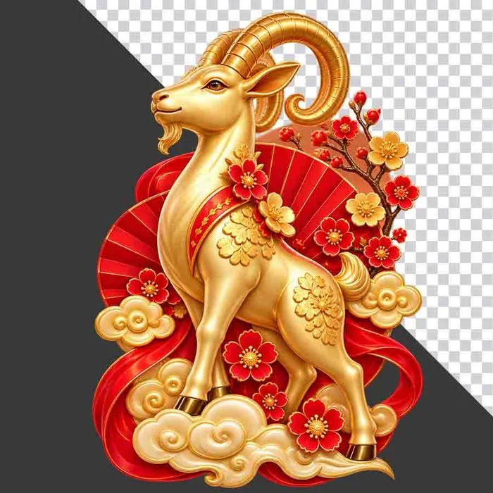 Tượng dê vàng quạt đỏ hoa đào phong thủy - File PNG