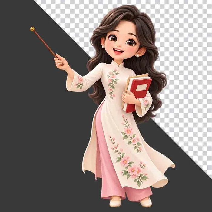 File PNG - Cô giáo áo dài trắng cầm thước bảng và sách tri ân 20 tháng 11