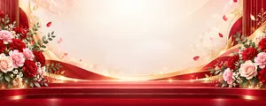 File JPG - Phông nền bục sân khấu 20/11 hoa hồng cẩm chướng lụa đỏ sang trọng