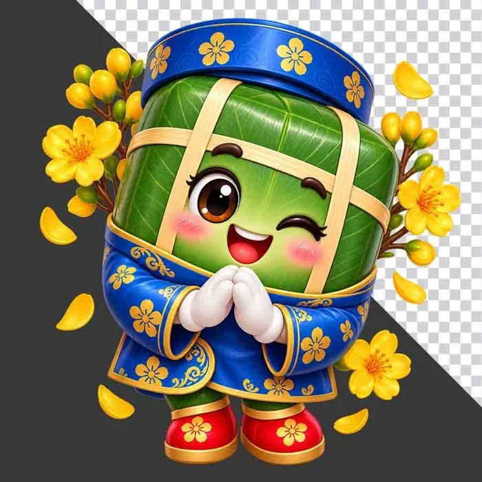 File PNG - Bánh chưng mặc áo dài xanh dương chắp tay chúc Tết hoa mai