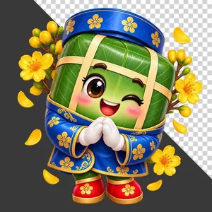 File PNG - Bánh chưng mặc áo dài xanh dương chắp tay chúc Tết hoa mai