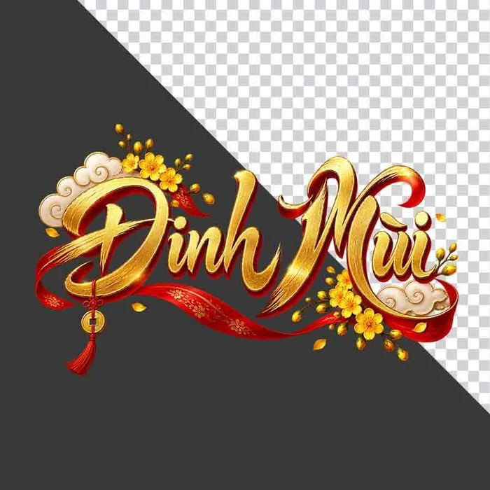File PNG - Chữ Đinh Mùi 3D ngang mây trắng hoa mai vàng tua rua đỏ ngày Tết   