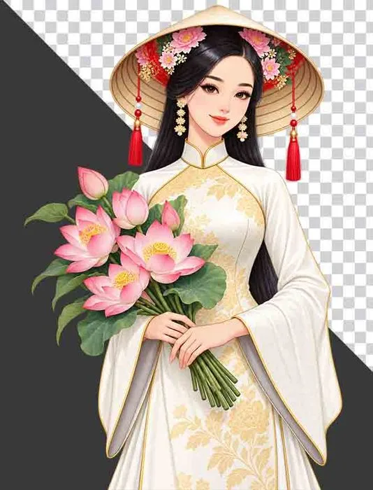File PNG - Thiếu nữ mặc cổ phục trắng đội nón lá ôm bó hoa sen hồng   