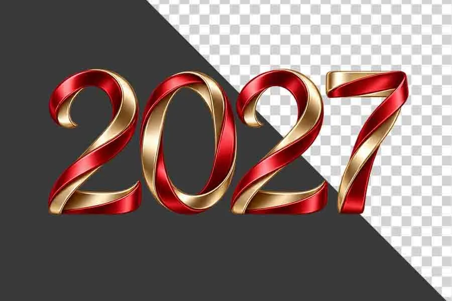 File PNG - Số 2027 3D ruy băng xoắn đỏ vàng kim nghệ thuật ngày Tết