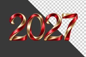 File PNG - Số 2027 3D ruy băng xoắn đỏ vàng kim nghệ thuật ngày Tết