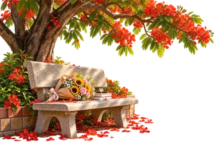 File JPG - Ghế đá sân trường hoa phượng đỏ bó hoa sách