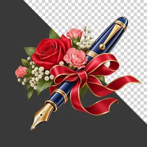 File PNG - Bút máy xanh trang trí hoa tươi và ruy băng đỏ 20 tháng 11   