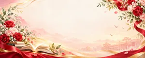 Phông nền 20/11 sách mở hoa hồng cẩm chướng lụa đỏ trường học - JPG