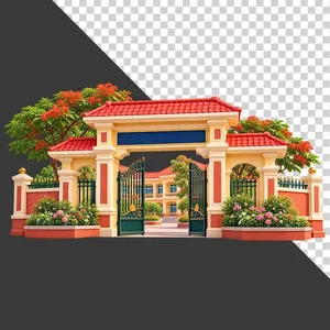 File PNG - Cổng trường học kiến trúc Việt Nam mái ngói đỏ cây hoa phượng trang trí khai giảng