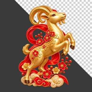 File PNG - Tượng dê vàng phi nước đại hoa đào bệ mây đỏ
