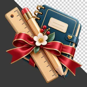 File PNG - Sổ tay thước kẻ bút chì nơ đỏ quà tặng giáo dục