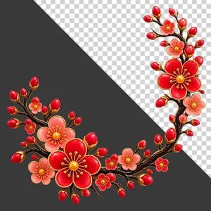 File PNG - Cành hoa đào đỏ hồng khung vòm khoe sắc