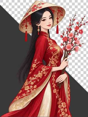 File PNG - Thiếu nữ mặc cổ phục đỏ đội nón lá ôm cành hoa đào   