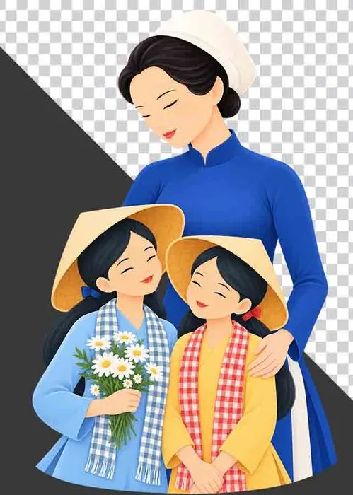 Mẹ đội mũ vải mặc áo dài xanh ôm hai con gái mặc áo bà ba cầm hoa cúc - PNG