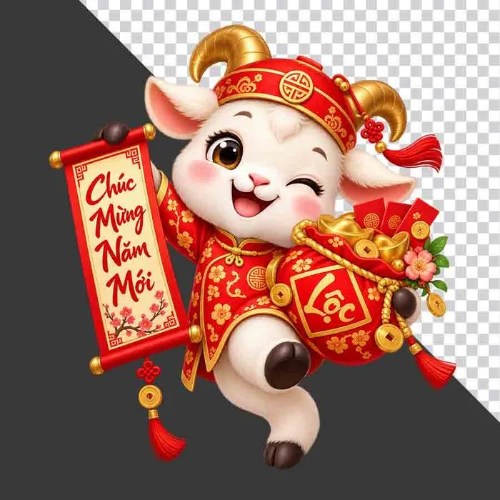 File PNG - Chú dê đỏ cầm cuộn thư Chúc Mừng Năm Mới và túi tiền chữ Lộc