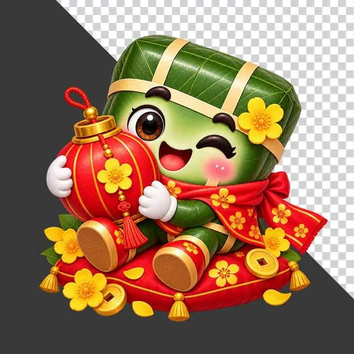 File PNG - Bánh chưng ngồi gối đỏ ôm đèn lồng hoa mai tài lộc