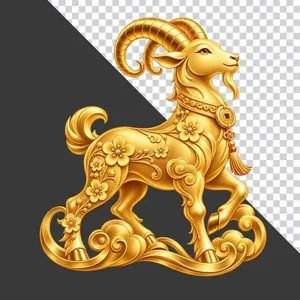 Tượng dê vàng nguyên khối hoa văn mây uốn lượn - File PNG