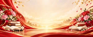 Phông nền 20/11 sách vở đôi hoa cẩm chướng lụa đỏ bình minh - file JPG