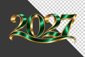 File PNG - Số 2027 3D xanh lục viền vàng kim uốn lượn nghệ thuật ngày Tết