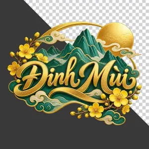 File PNG - Chữ Đinh Mùi 3D phong cảnh núi non hoa mai vàng mặt trời ngày Tết