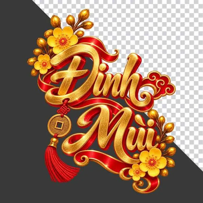 Chữ Đinh Mùi 3D dọc phong cách thư pháp vàng kim lụa đỏ hoa mai ngày Tết - File PNG