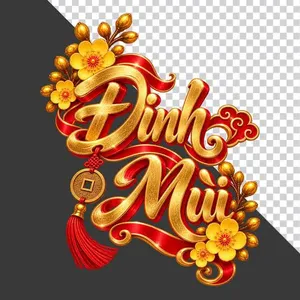 Chữ Đinh Mùi 3D dọc phong cách thư pháp vàng kim lụa đỏ hoa mai ngày Tết - File PNG