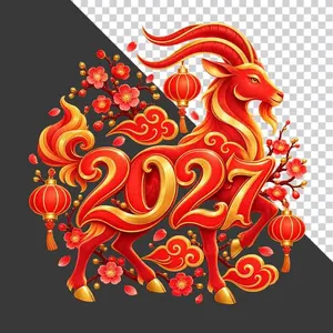 Hình ảnh chú dê đỏ và chữ số 2027 lồng đèn hoa đào - File PNG