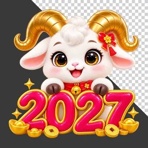 Hình ảnh chú dê hoạt hình dễ thương tựa tay lên chữ số 2027 hồng vàng - File PNG