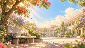 Sân trường nắng mai hoa phượng ghế đá balo - File JPG