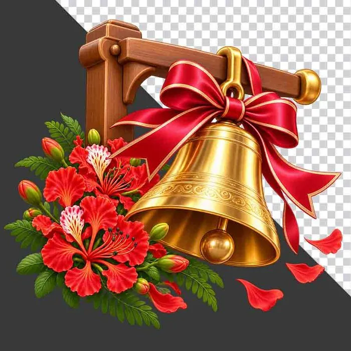 Chuông vàng treo giá gỗ hoa phượng đỏ rực rỡ tri ân thầy cô - File PNG