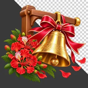 Chuông vàng treo giá gỗ hoa phượng đỏ rực rỡ tri ân thầy cô - File PNG