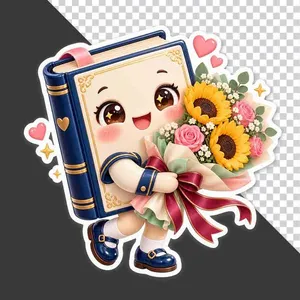 Nhân vật cuốn sách hoạt hình ôm bó hoa hướng dương và hoa hồng chào mừng 20/11 - File PNG