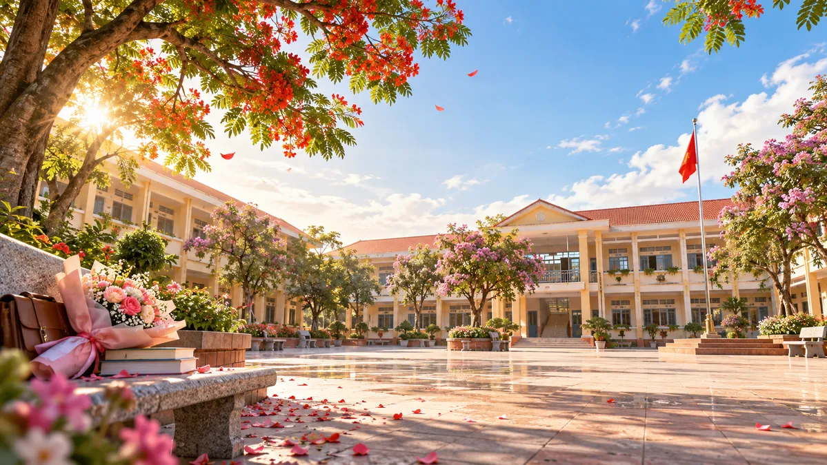 File JPG - Sân trường nắng mai cờ đỏ hoa phượng ghế đá