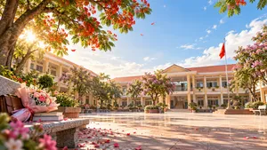 File JPG - Sân trường nắng mai cờ đỏ hoa phượng ghế đá