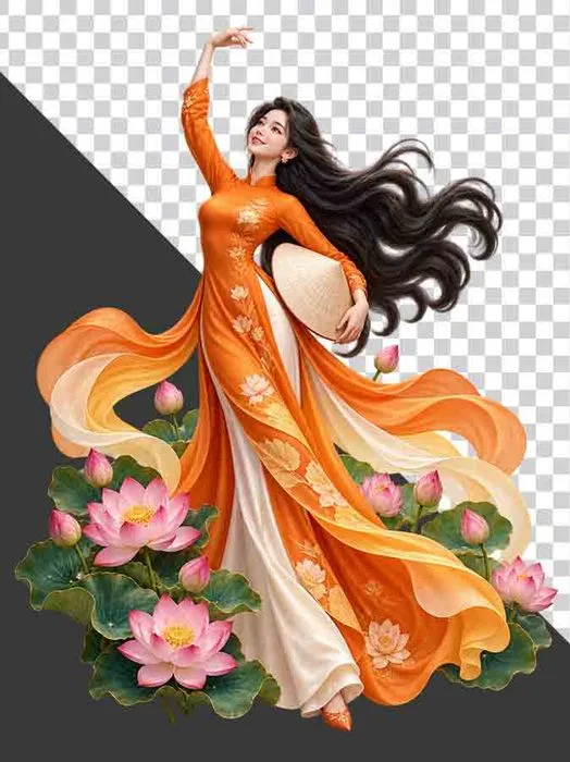 File PNG - Thiếu nữ mặc áo dài cam cầm nón lá múa giữa đầm sen