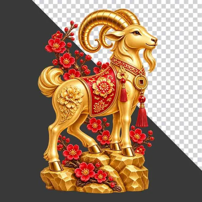 Tượng dê vàng đứng trên bệ đá hoa đào đỏ - File PNG