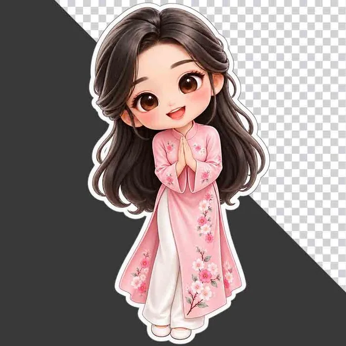 File PNG - Cô giáo hoạt hình mặc áo dài hồng chắp tay chào 20 tháng 11