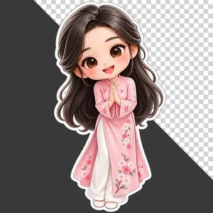 File PNG - Cô giáo hoạt hình mặc áo dài hồng chắp tay chào 20 tháng 11