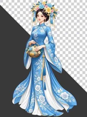 Thiếu nữ mặc cổ phục xanh dương cầm giỏ hoa - File PNG
