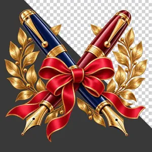 File PNG - Hai cây bút máy bắt chéo trang trí lá nguyệt quế và ruy băng đỏ tri ân 20 tháng 11