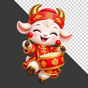 File PNG - Tượng chú dê đỏ đánh trống hội xuân