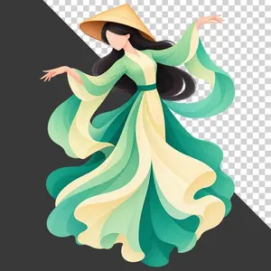 File PNG - Thiếu nữ mặc trang phục xanh đội nón lá múa nghệ thuật dải lụa bay