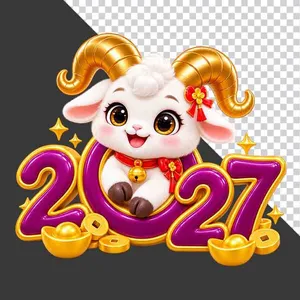 Hình ảnh chú dê hoạt hình dễ thương bên chữ số 2027 tím vàng - File PNG