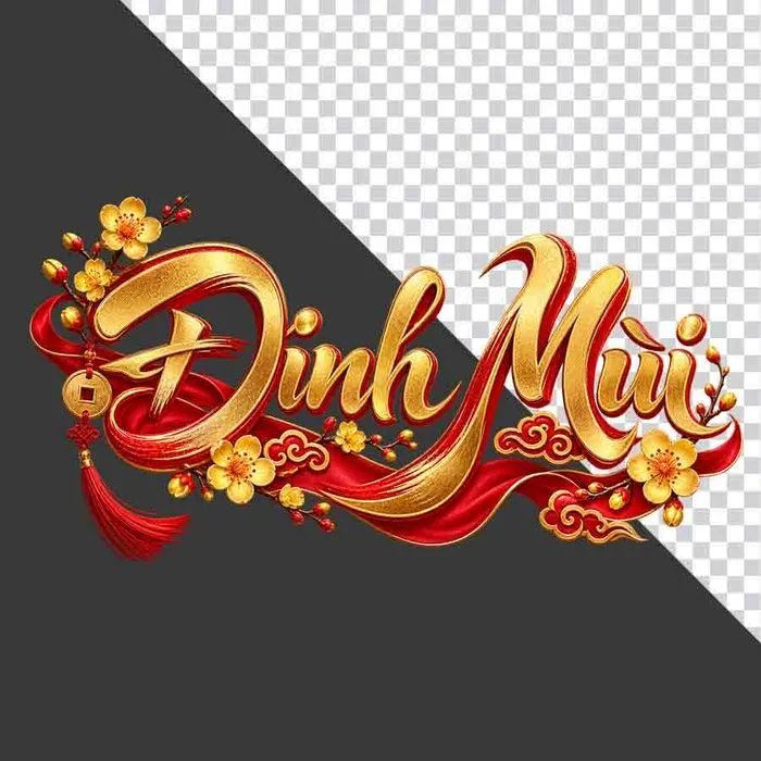 File PNG - Chữ Đinh Mùi 3D phong cách thư pháp vàng kim lụa đỏ hoa mai ngày Tết