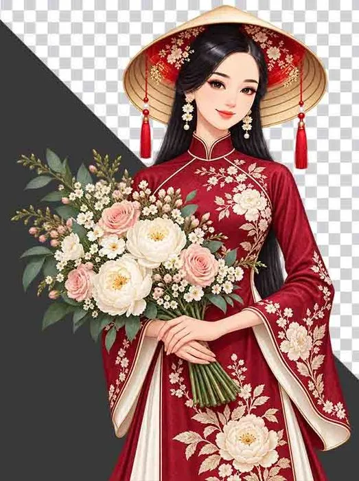 Thiếu nữ mặc cổ phục đỏ đội nón lá ôm bó hoa hồng - File PNG